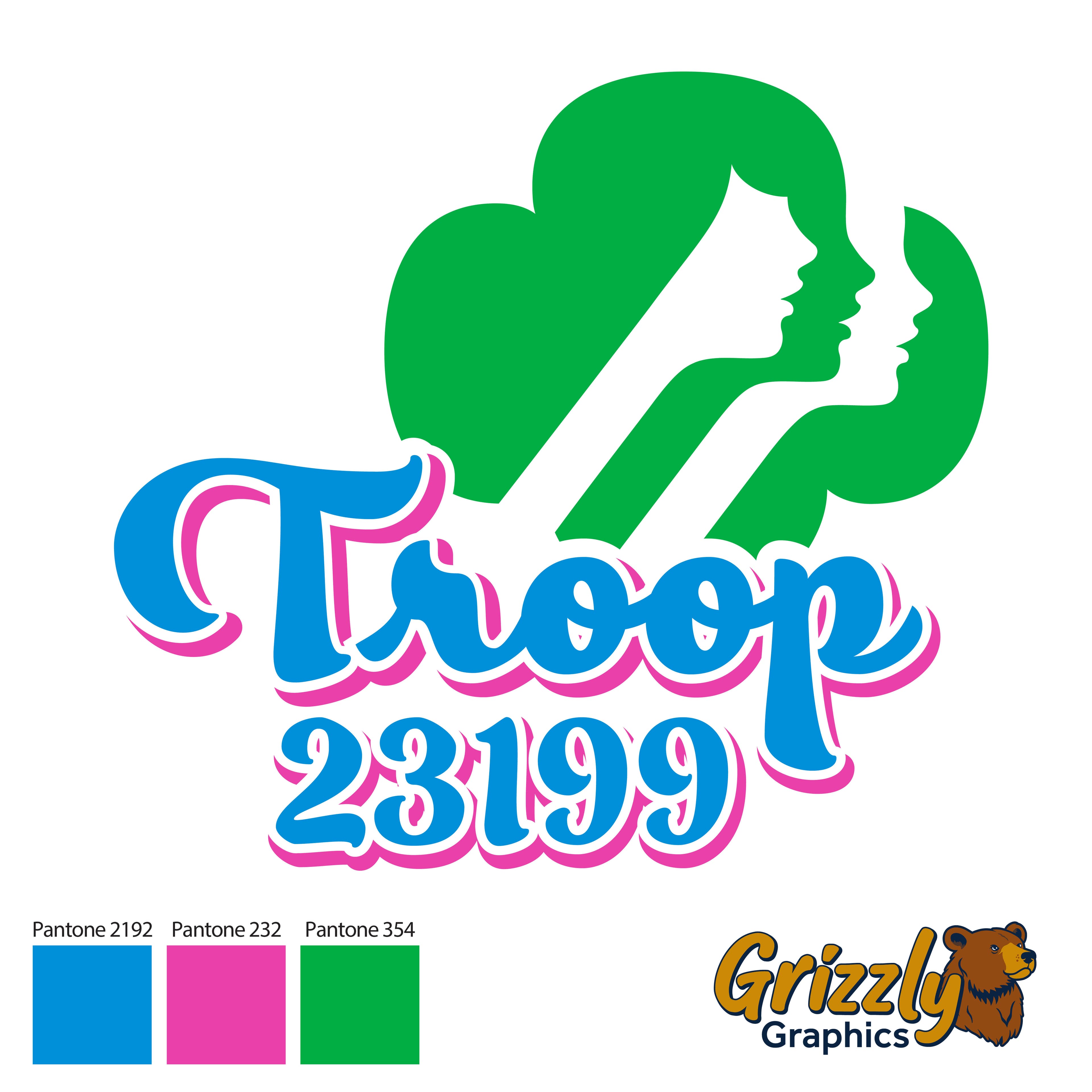 Front of a black t-shirt with a small embroidered Troop 23199 chest mark